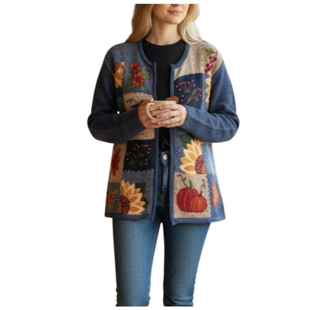 TIARA Vintage Patchwork Enbroidery Full Zip Cardigan Sz M Blue Retro Pumpkin Y2K